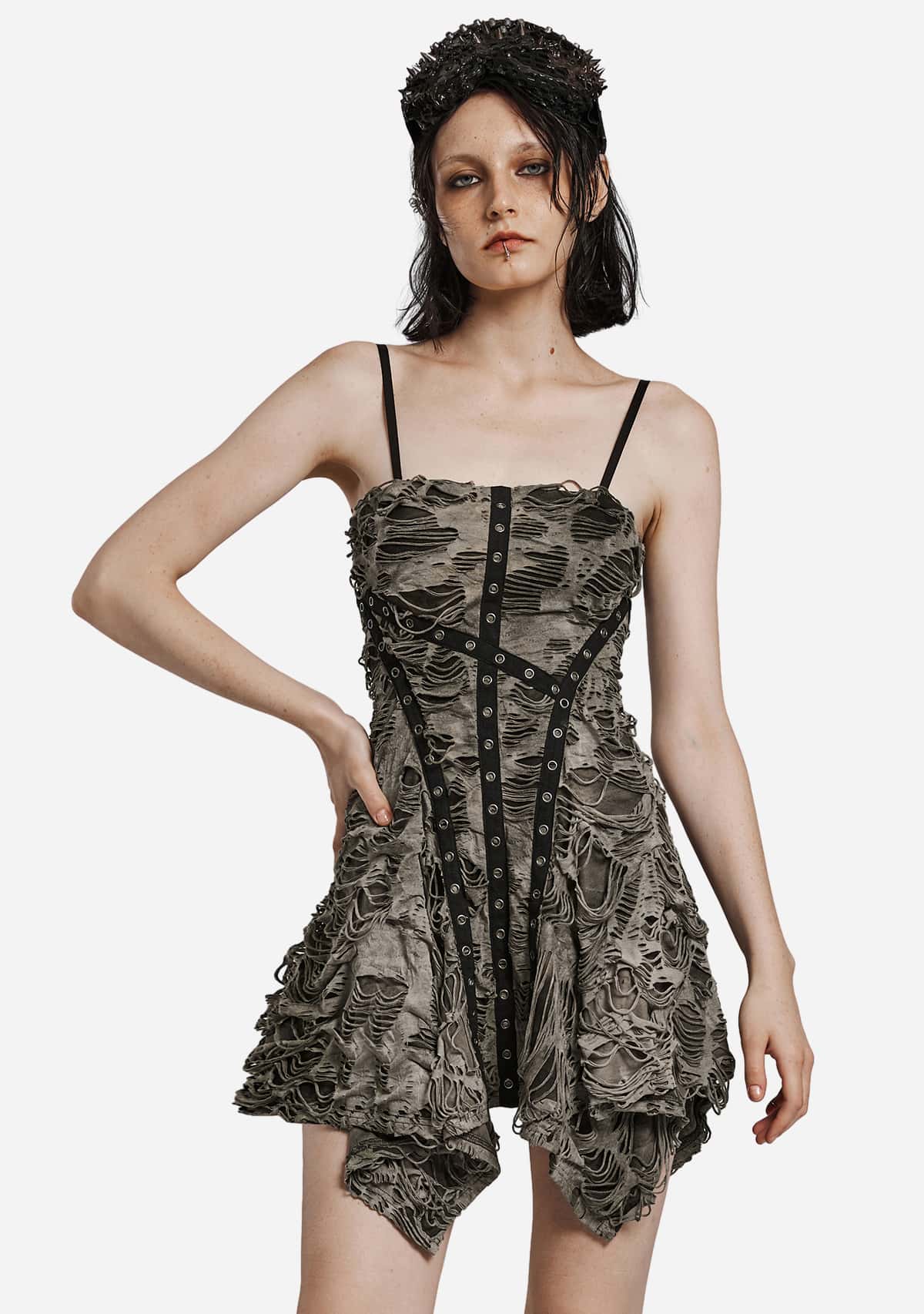 Gothic Tattered Lace-Up Corset Dress