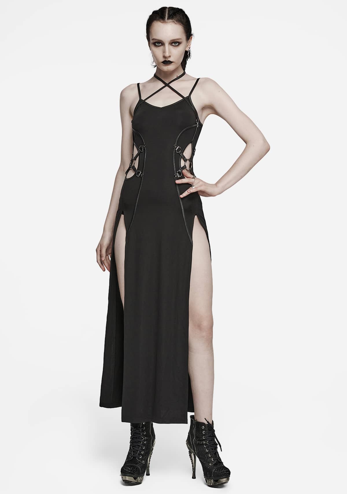 Gothic Hollowed Waist Slit Maxi Dress