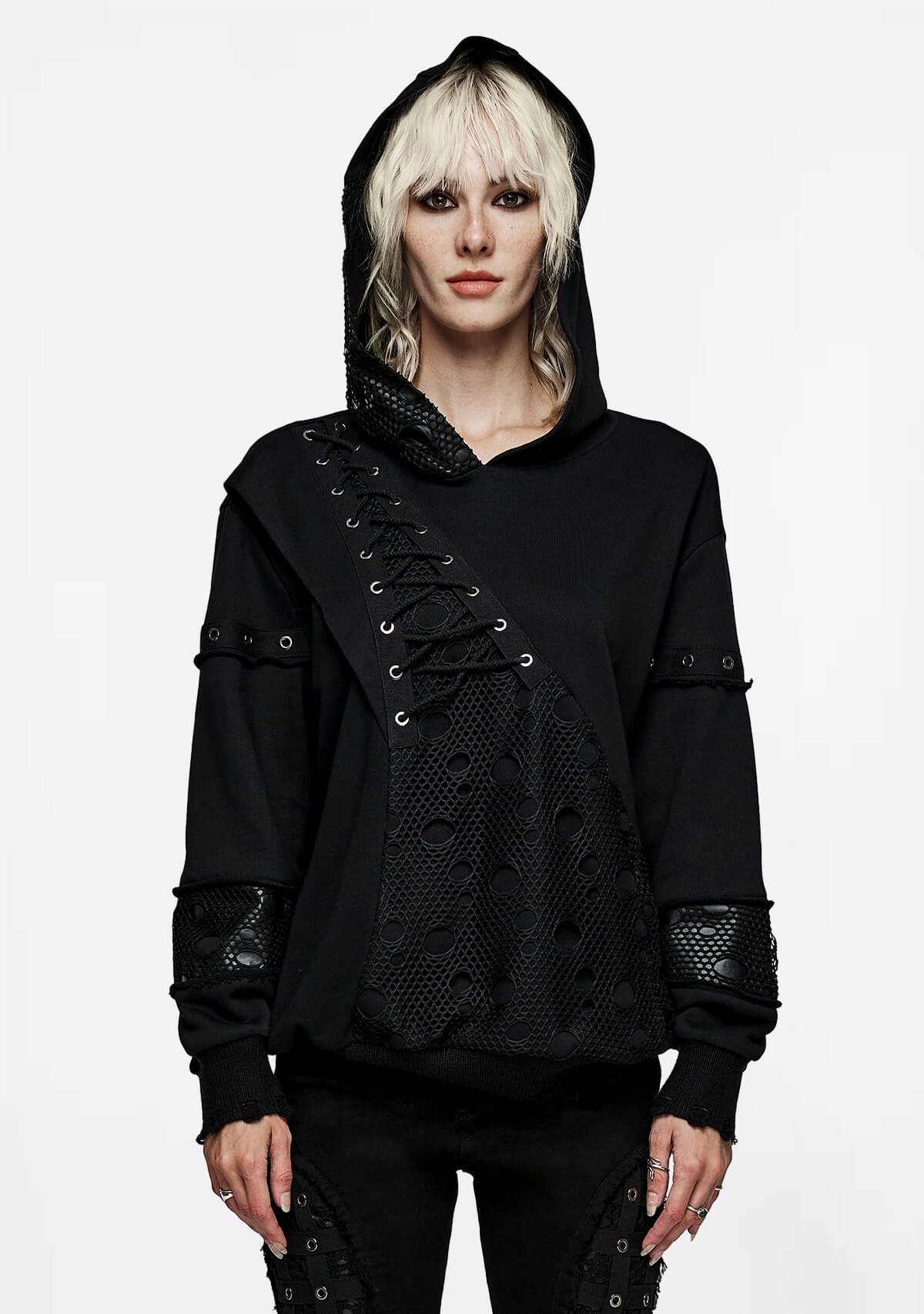 Gothic Metal Eyelet Mid-front Lace-Up Punk Hoodie