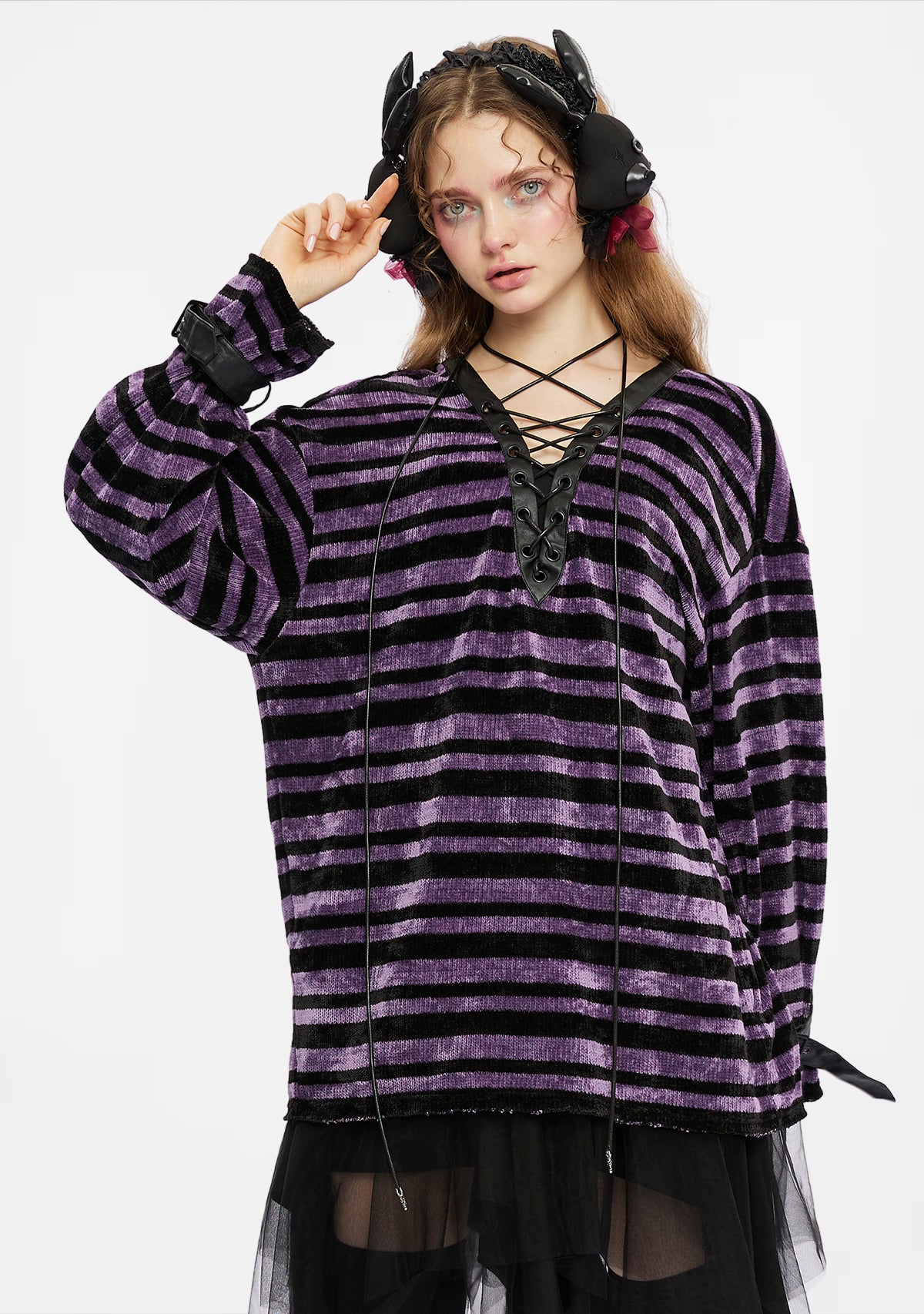 Gothic Lace-up Detail Striped Loose Sweater
