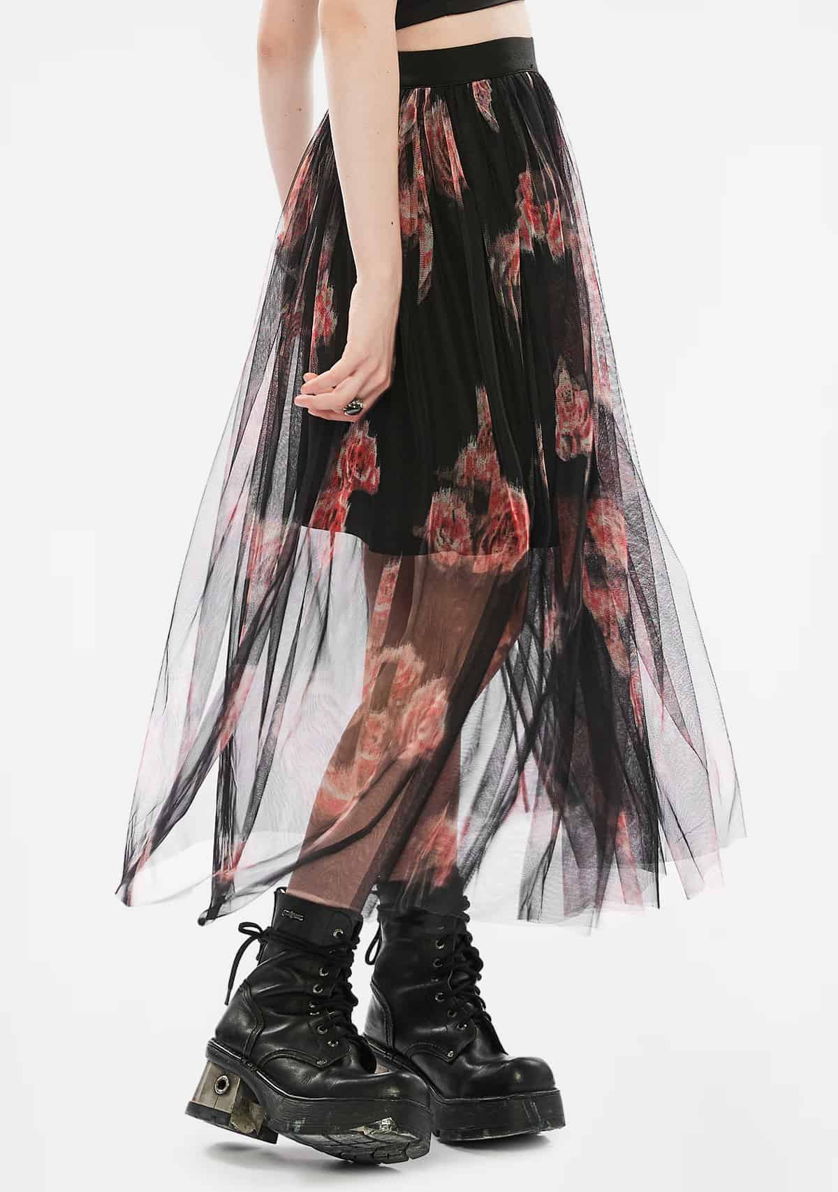 Gothic Vintage Floral Sheer Mesh Maxi Skirt