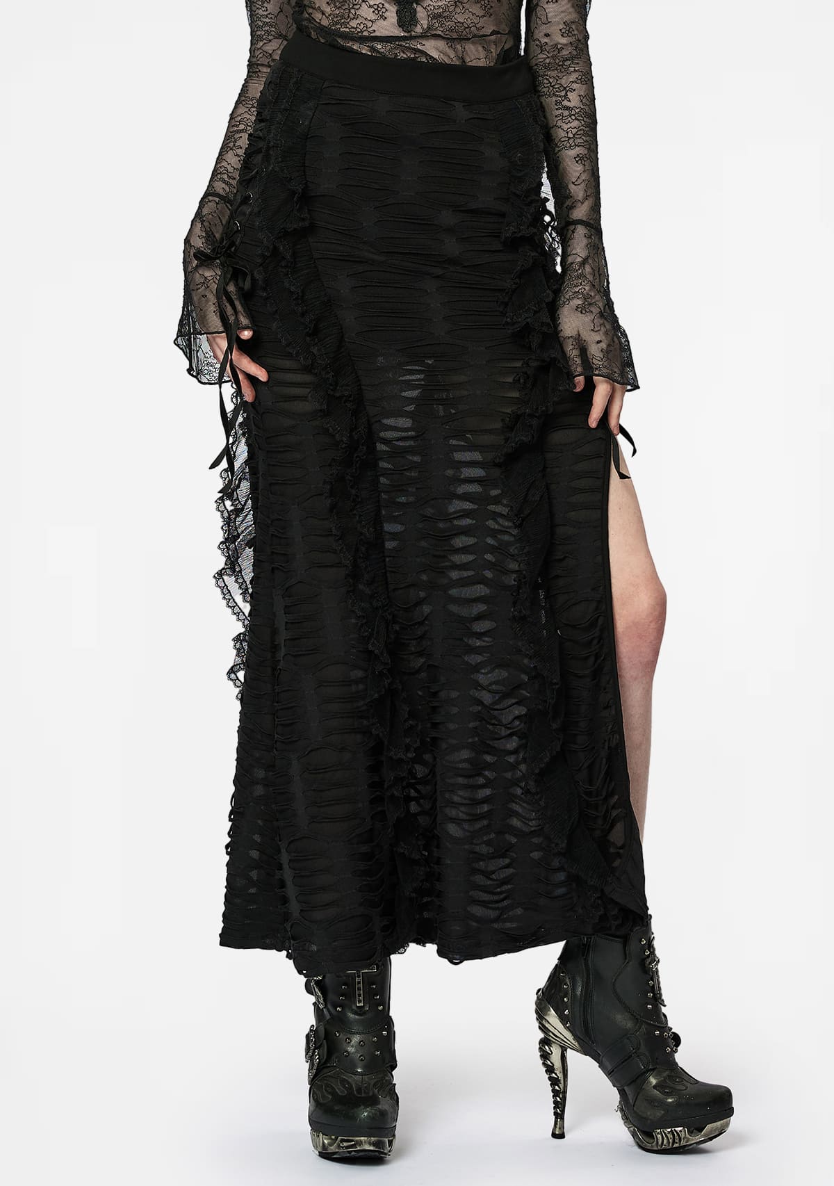 Gothic Decadent Lace High Slit Ruffle Skirt