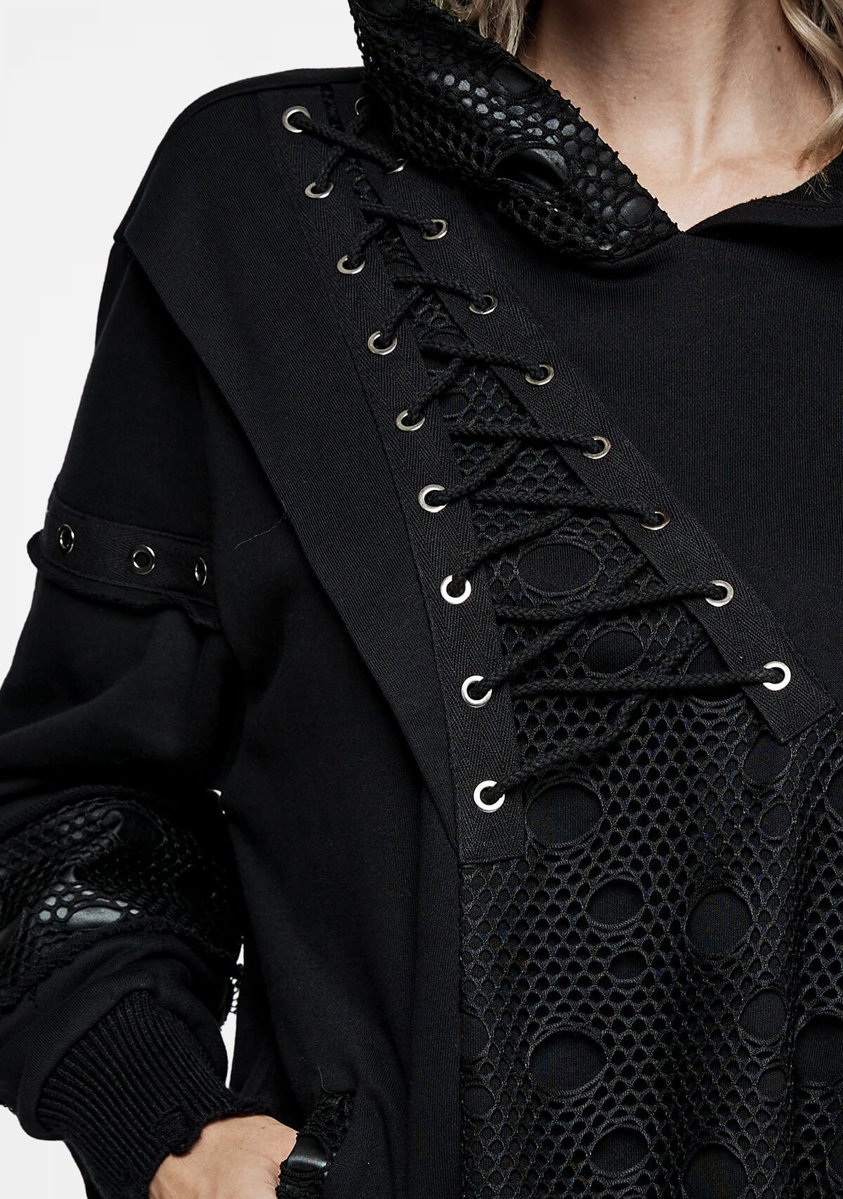Gothic Metal Eyelet Mid-front Lace-Up Punk Hoodie