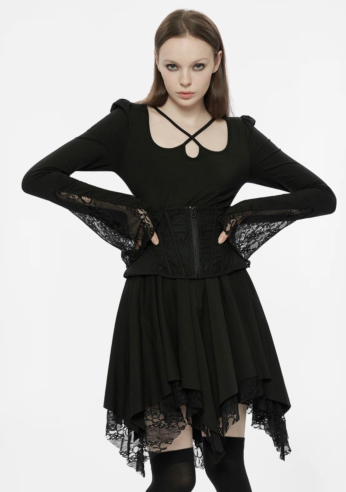 Gothic Flared Lace Cuff Dress
