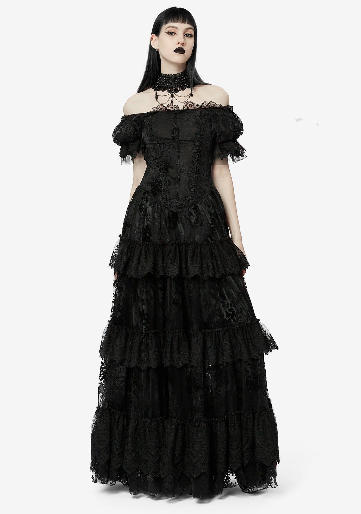 Goth Luxe Flocked Mesh Gown