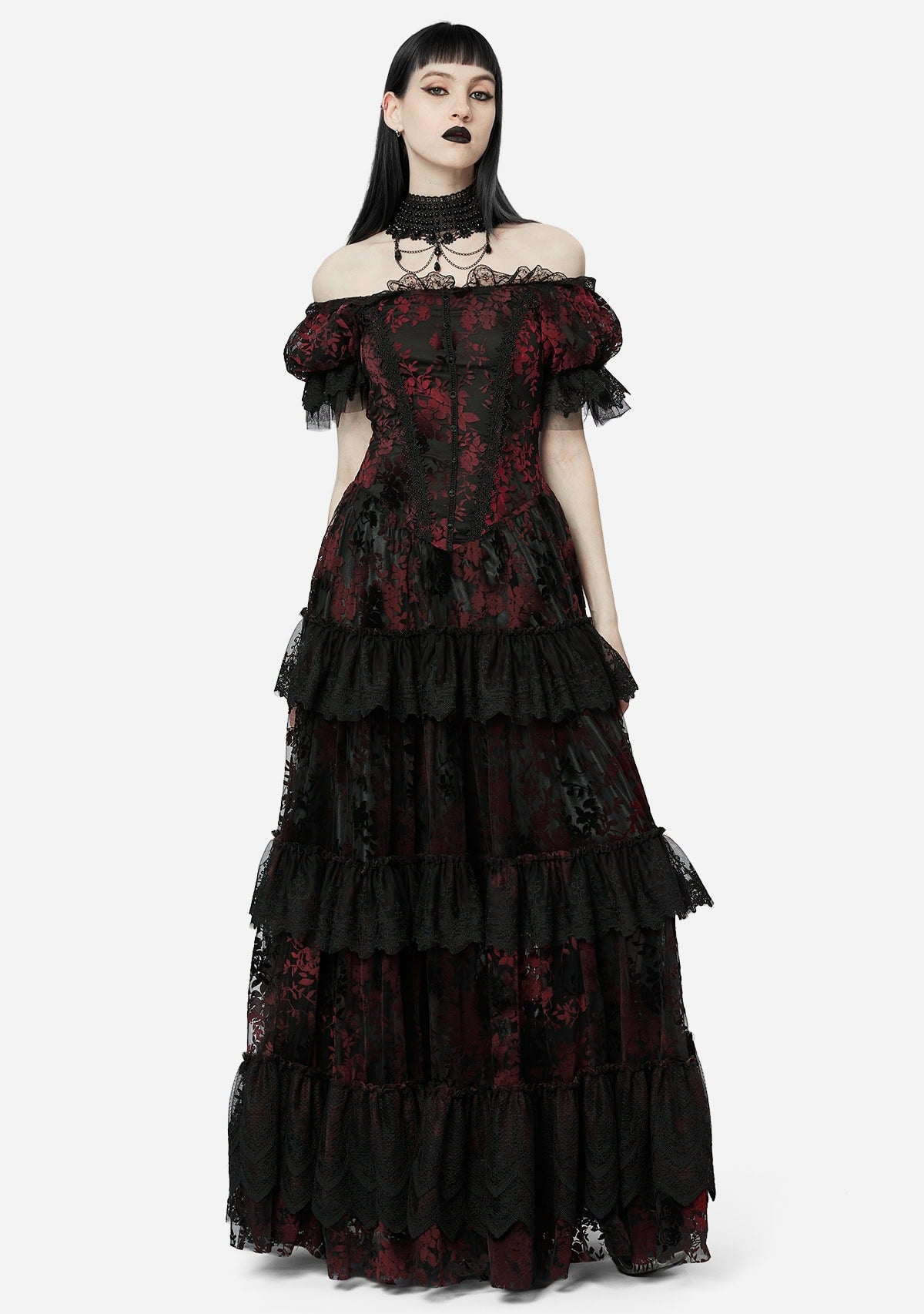 Gothic Red Flocked Velvet Gown