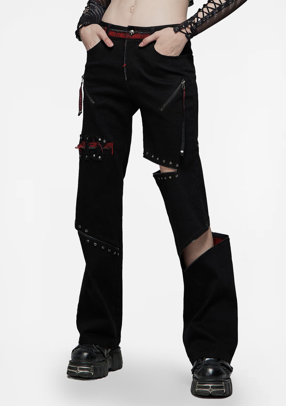 Goth Punk Plaid-Accented Denim Pants