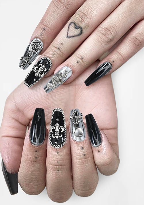 Punk Gothic Handmade Black Long Press-On Nails