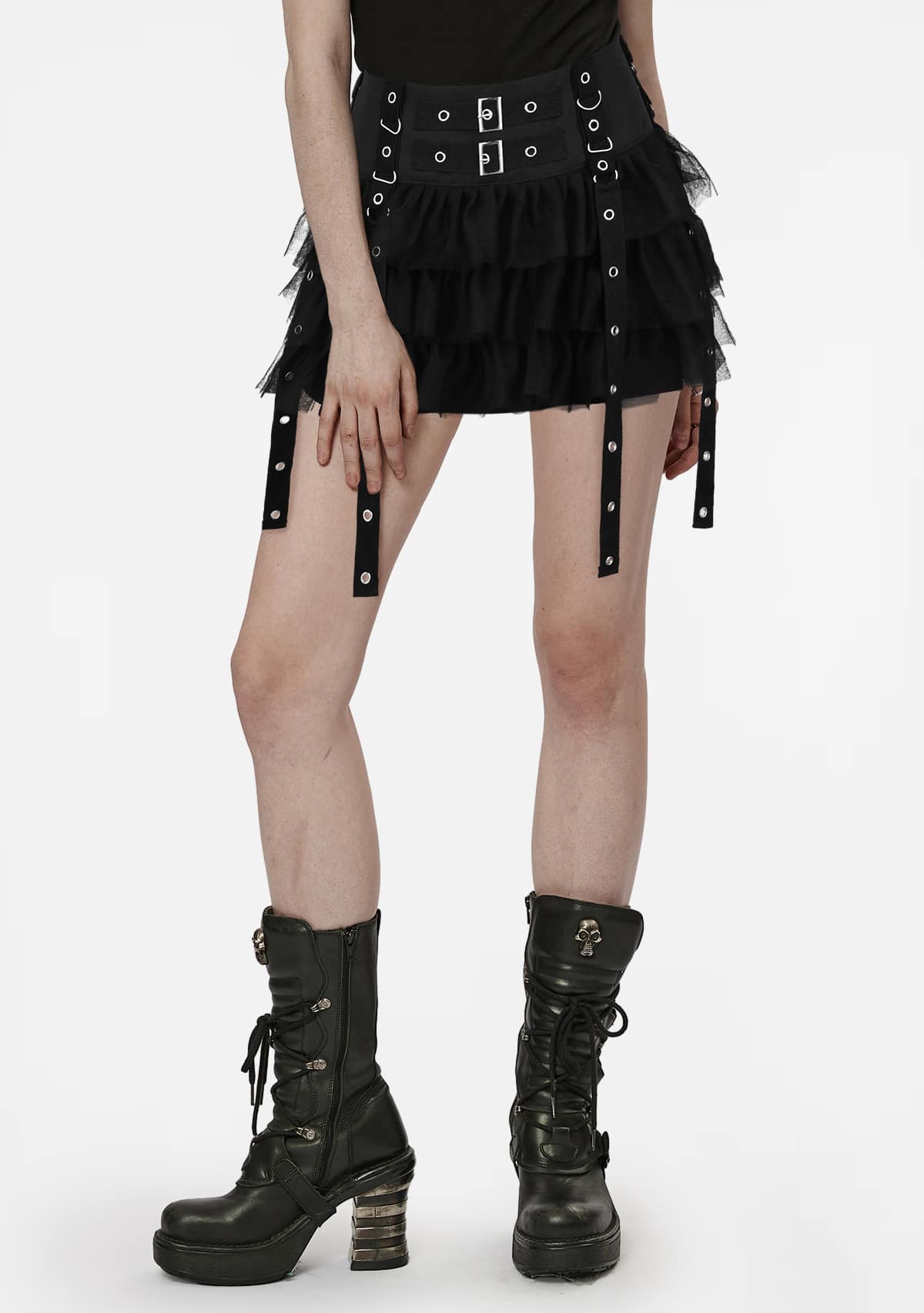 Goth Black Pleated Mini Skirt with Chain