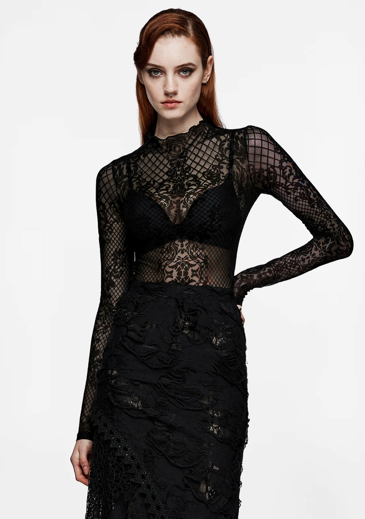 Gothic High-Neck Sheer Lace Long Sleeve Top