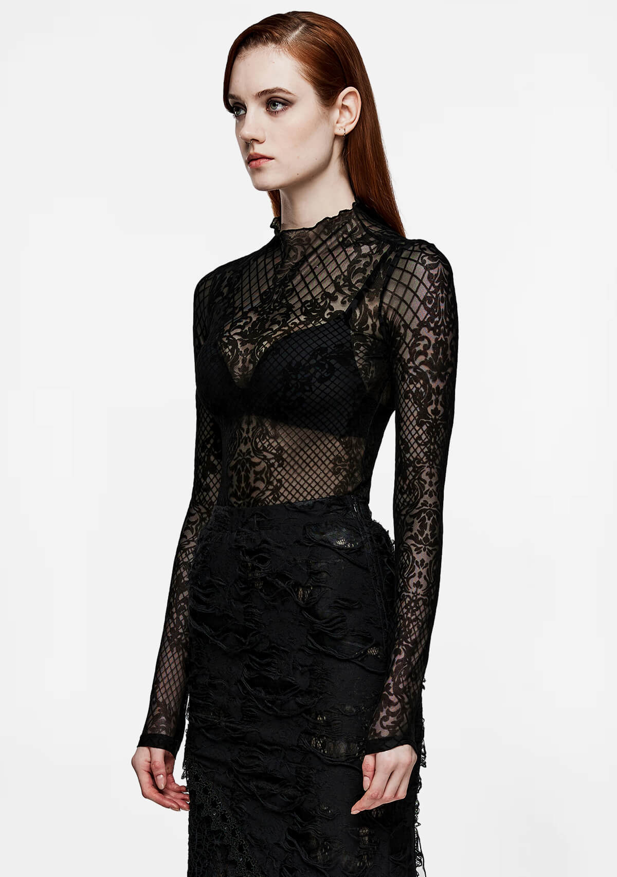 Gothic High-Neck Sheer Lace Long Sleeve Top